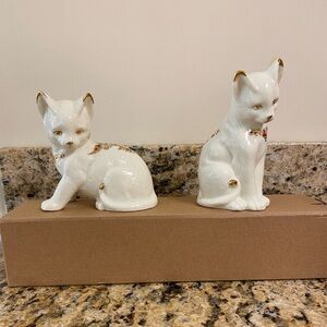 Baum Brothers White Ceramic Cat Figurines with Gold Accents - Decorative Set